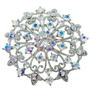 Round Flower Floral Bouquet Sash Brooch Pin Rhinestones Wedding Silver Toned